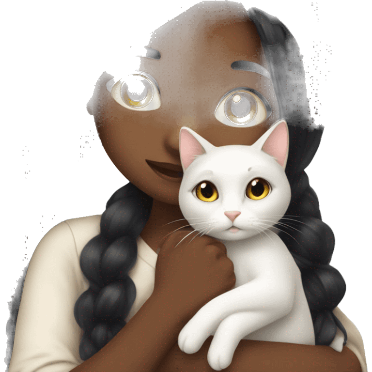 girl with very long black hair and brown skin hugging a white cat emoji