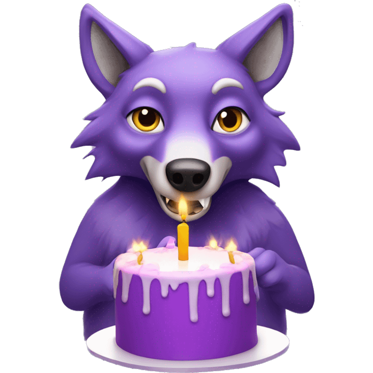 Purple, anthropomorphic wolf blowing out birthday candles emoji