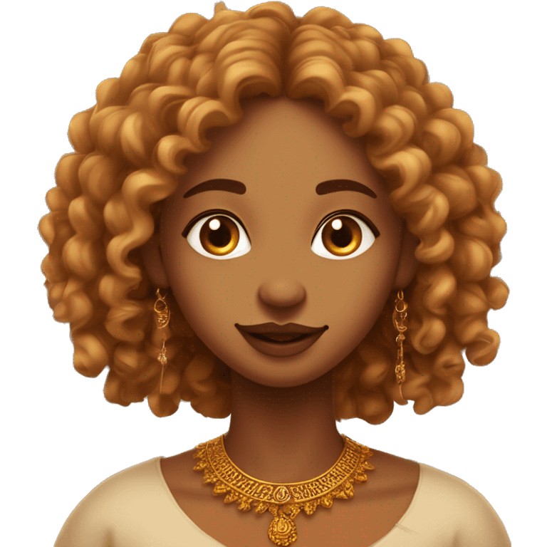 Long curly indian girl with wheatish skin with a golden nose ring. Thin angular face. Sharp jawline and nose. Big lips. With Rudraksha mala in neck. emoji