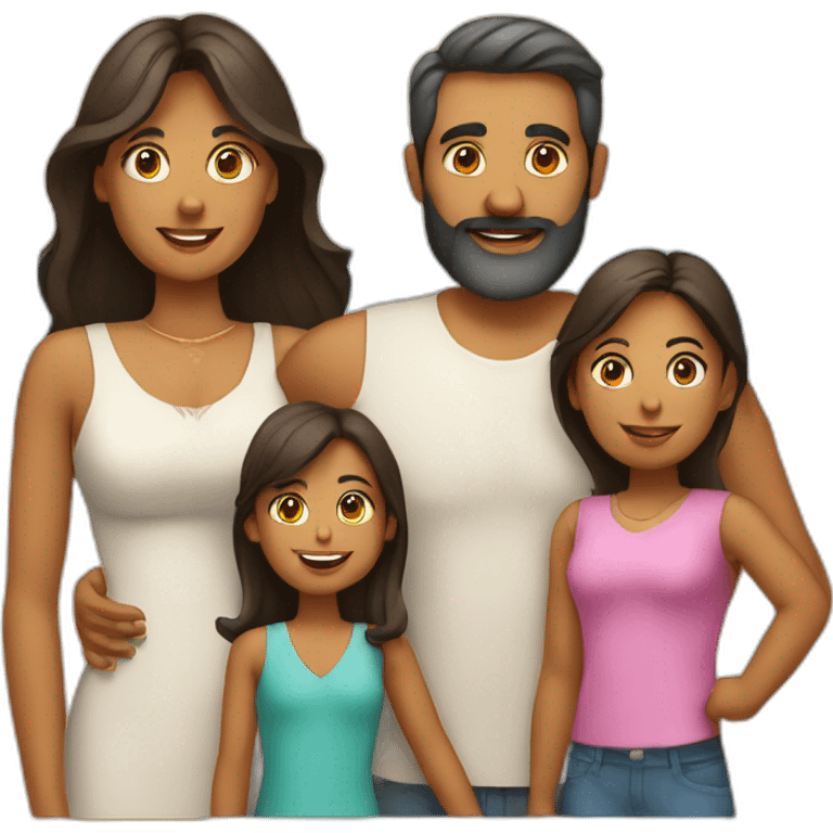 Indian family of 4 people, dad with beard, mom and 2 daughters on a beach emoji