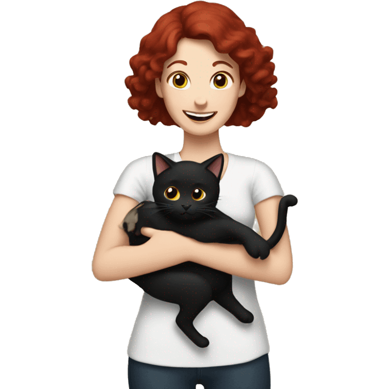 Woman with dark red hair holding a black cat in arms and both are cheering emoji