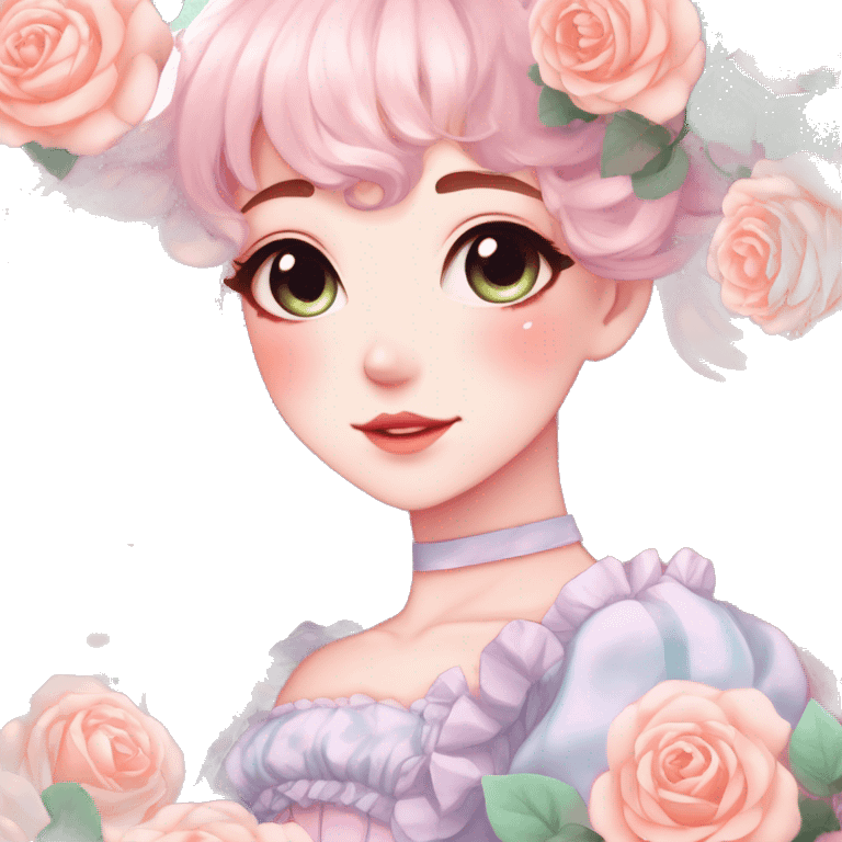 Gorgeous pastel anime style lady with blushing face and roses cottagecore fairycore pastelcore shiny colorful pearly aesthetic trending style emoji