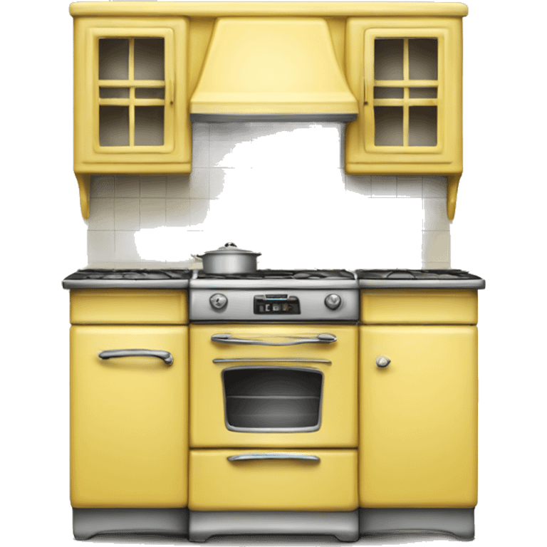 Isolated full length Realistic yellow vintage retro kitchen range with cabinets and counters. emoji