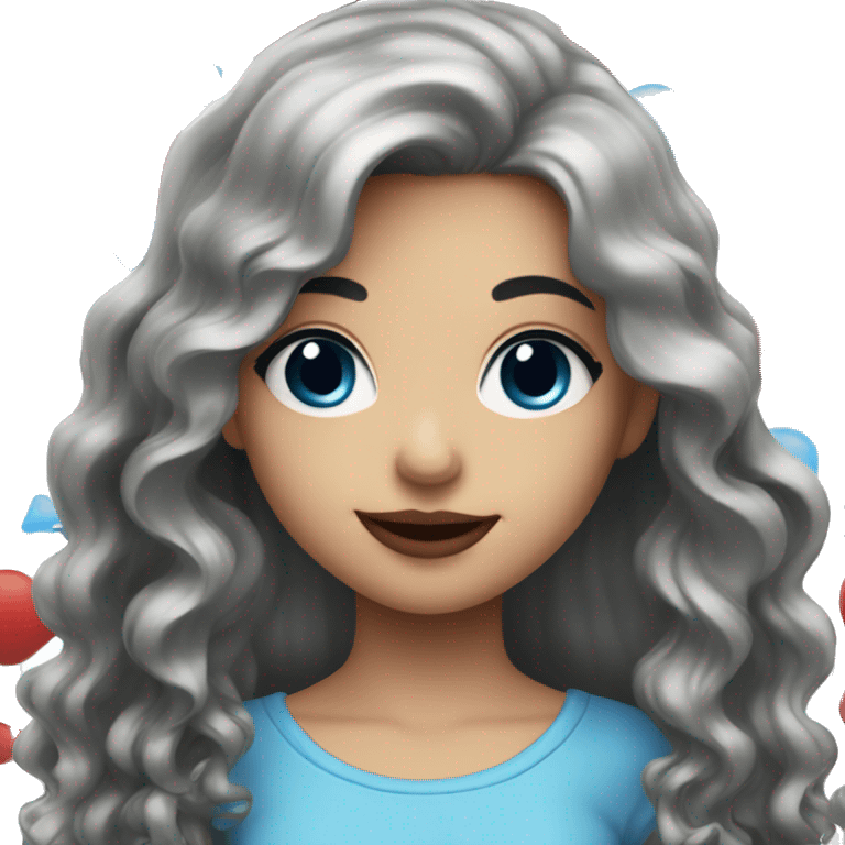 Smiling girl with long black wavy hair and blue eyes with red lips emoji