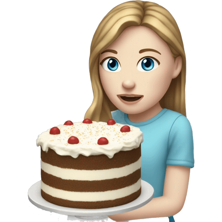 girl with brown hair with blond highlights and blue eyes eating cake long hair and pale skin with freckles LIGHT SKIN AND FRECKLES emoji