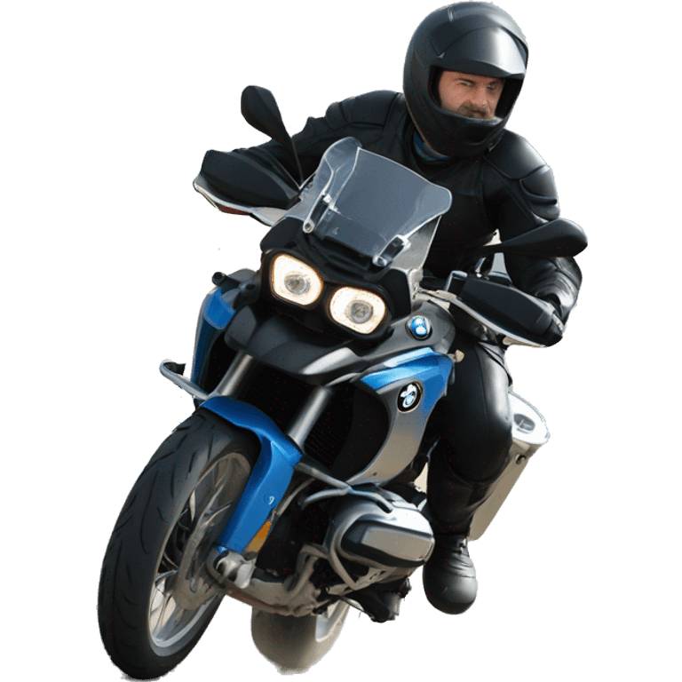 motorcycle bmw gs 1250 black and male rider on bike dark hair blue eyes emoji