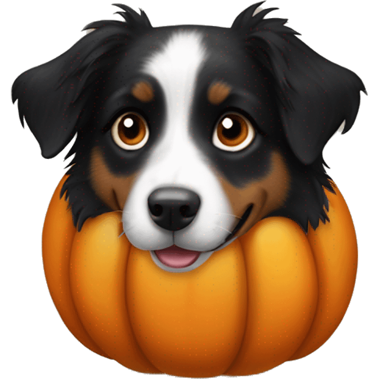 Small black australian shepherd dog in a pumpkin emoji