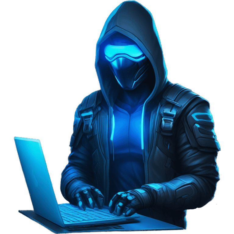 developer behind his laptop with this style : crysis Cyberpunk Riot Games Valorant neon glowing bright blue character blue black hooded assassin themed character emoji