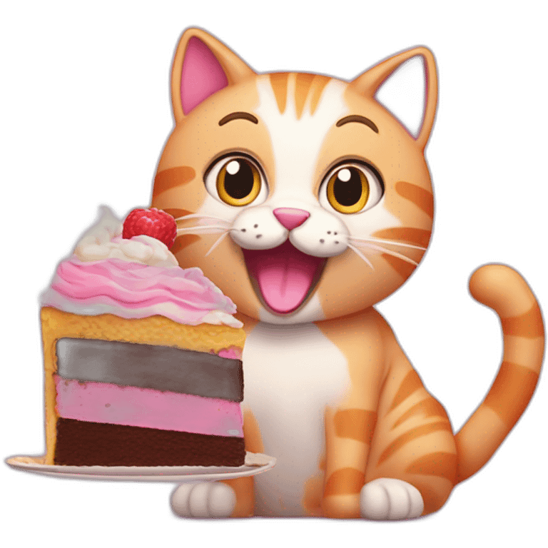 A cheerful pink cat eats a cake and waves its paw  emoji