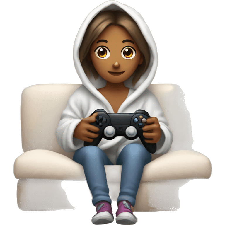 Girl wrapped up in a blanket sitting on a couch with a gaming controller in her hands emoji