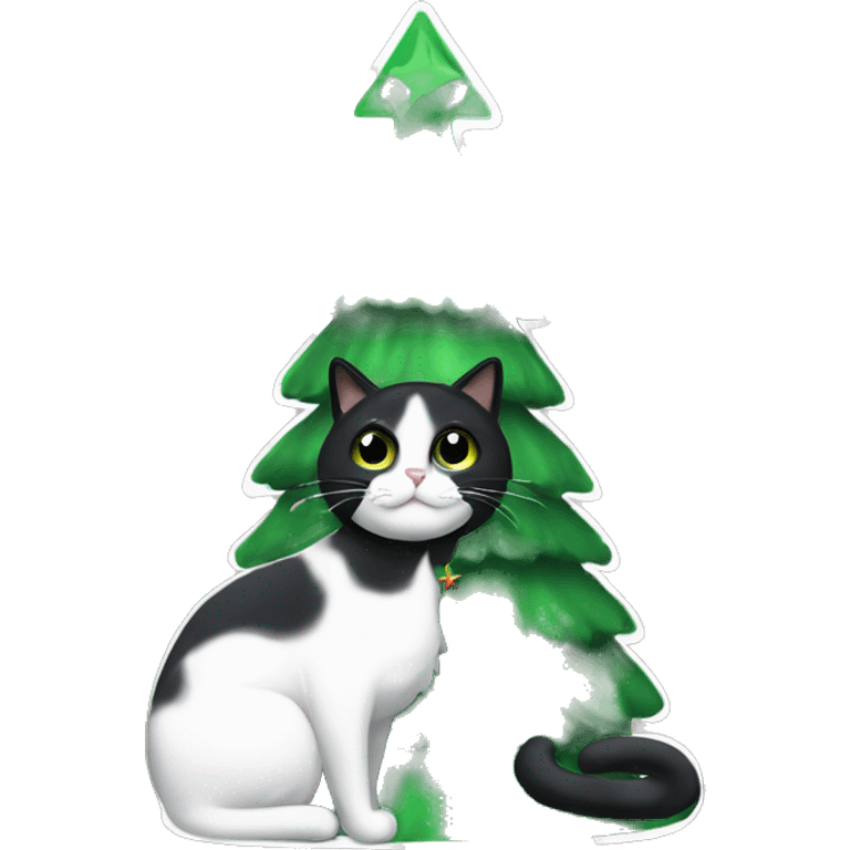 Green christmas tree with a black and white cat hanging off it emoji