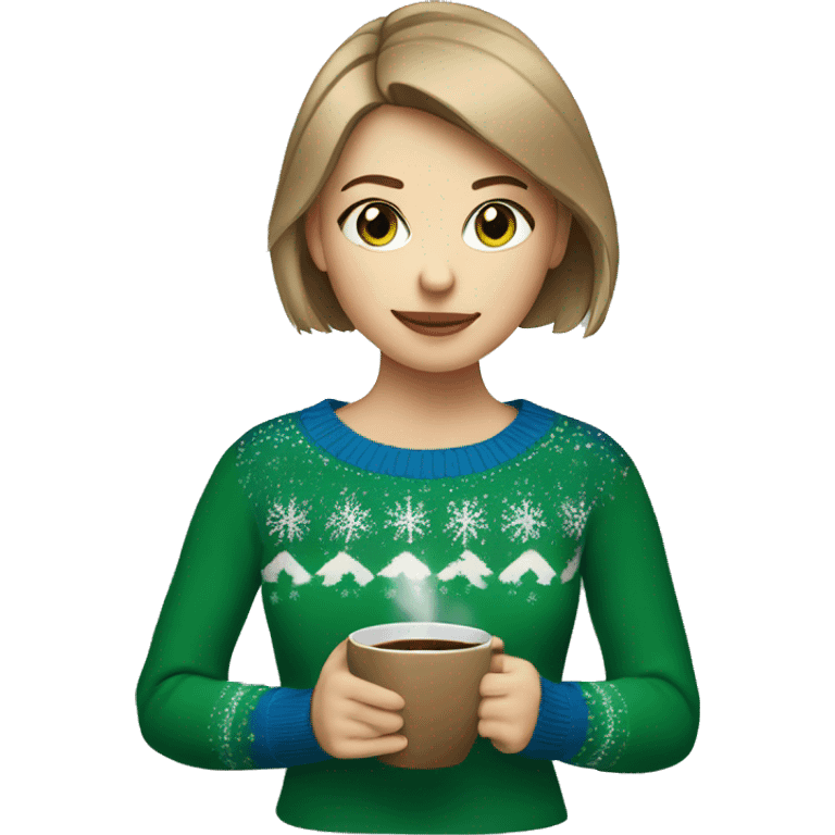 Light brown short haired girl with green eyes drinking coffee wearing blue Christmas sweater emoji