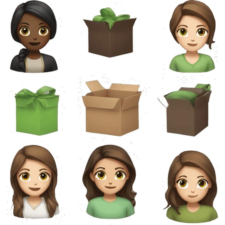 a girl with brown eyes and brown hair and a box with green and brown hair emoji