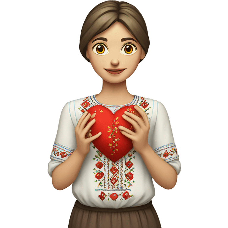 A Ukrainian woman in an embroidered shirt holds a heart in her hands emoji