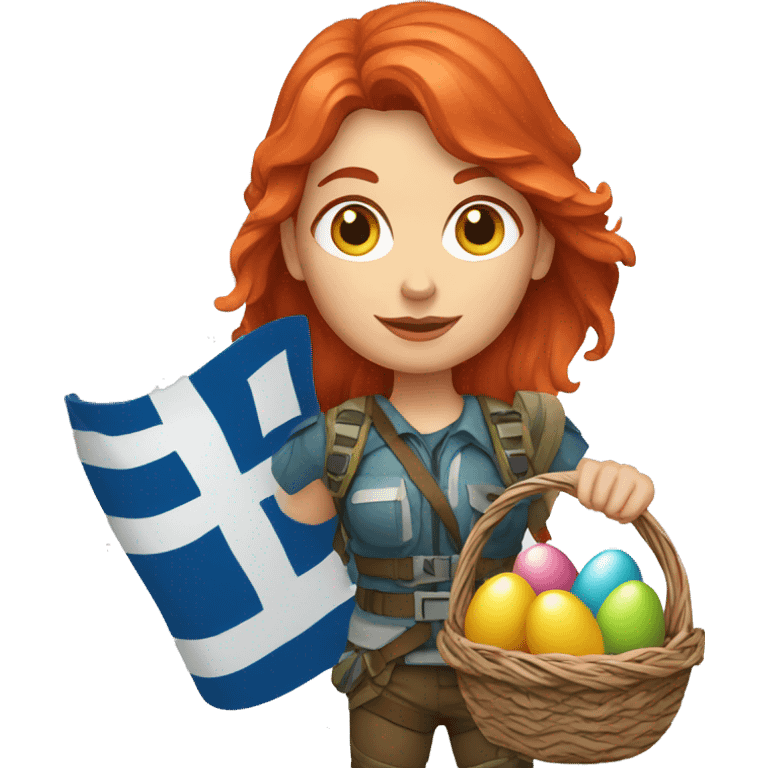 Female mountain climber red hair with Greek flag and holding Easter eggs basket emoji