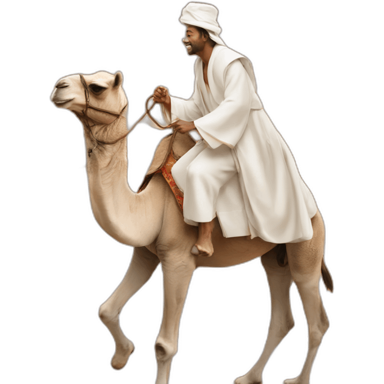 a man in white robes riding a camel in the desert emoji