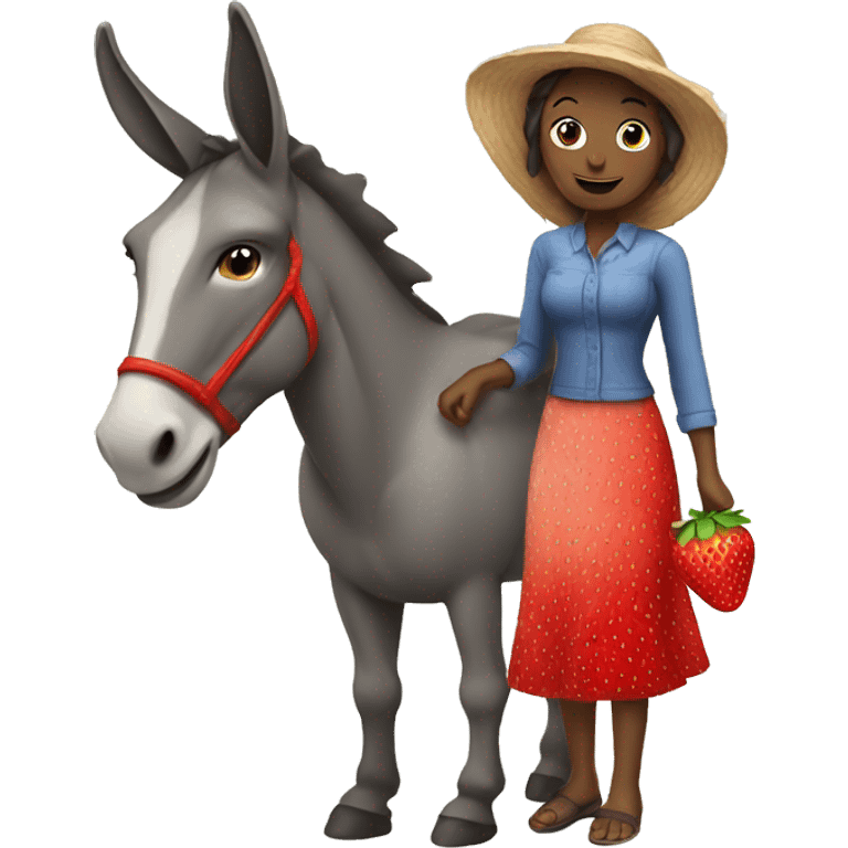 Woman and donkey share a strawberry  emoji