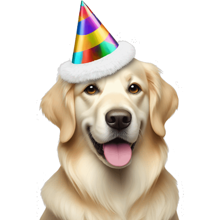 White golden retriever wearing multicolor party hat emoji