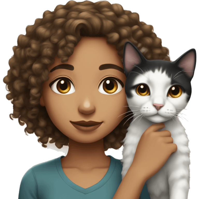 Lightskin girl with curly hair with a black and white cat  emoji