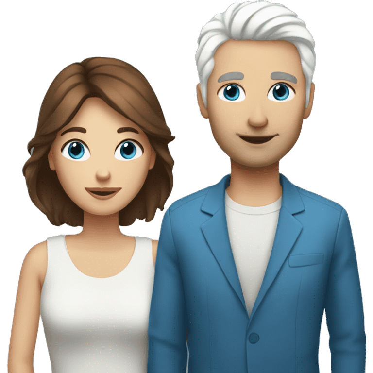 Woman with brown hair and man with white hair both with blue eyes emoji