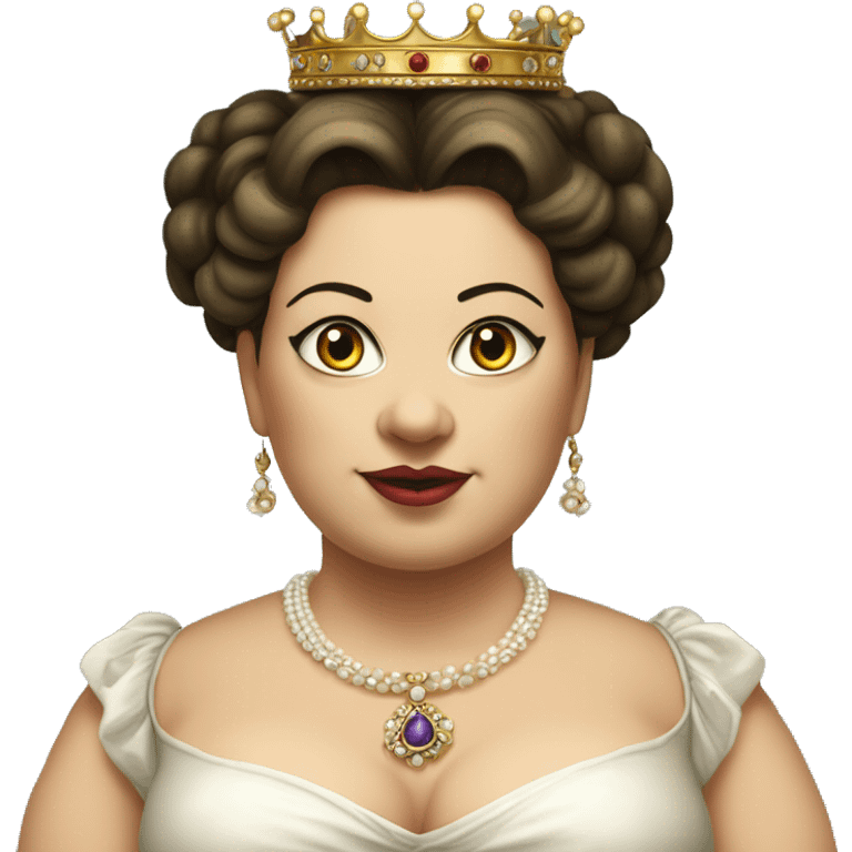 Chubby 35 year old female queen with large breasts. Her hair is dark and tied back, her eyes are light and a bit wide apart. She wears a queen's dress from 1890 and a lot of jewellery such as pearl necklaces, earrings and a crown. emoji