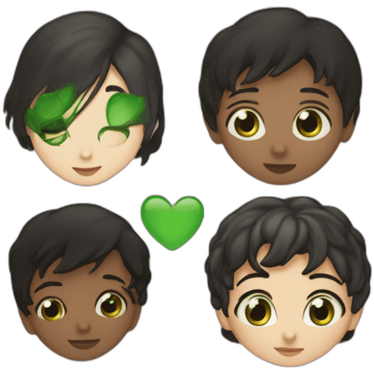 Girl with brown eyes and black pixi haircut kisses boy with john lenon haircut and green eyes emoji