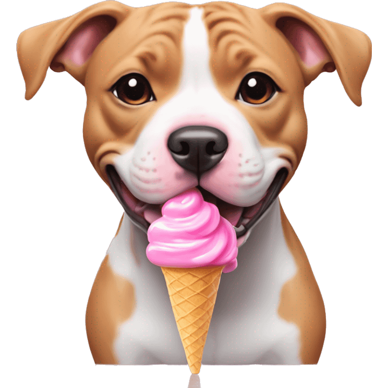 Smiling baby pink Staffordshire bull terrier eating bubblegum ice cream on a rainbow ball emoji