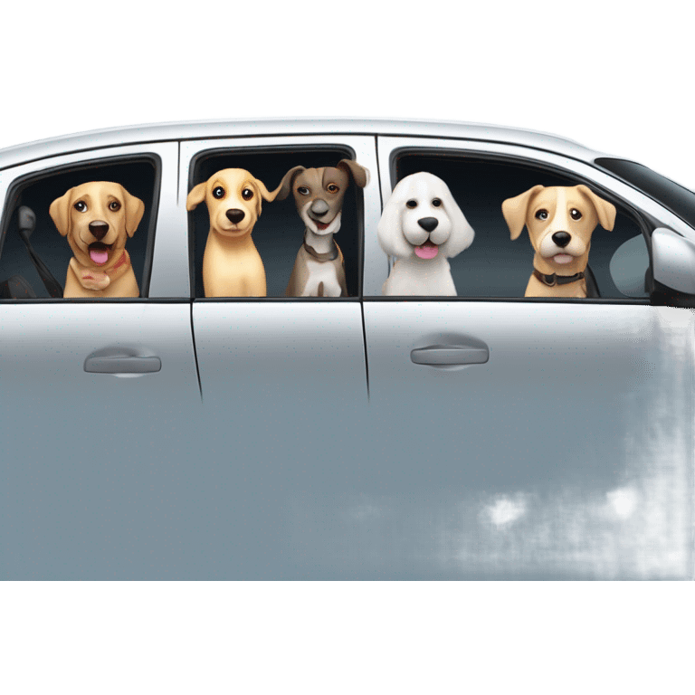 6 dogs in a Prius sticking their heads out of the window with a bald man in his 50’s who likes adventure driving the car emoji