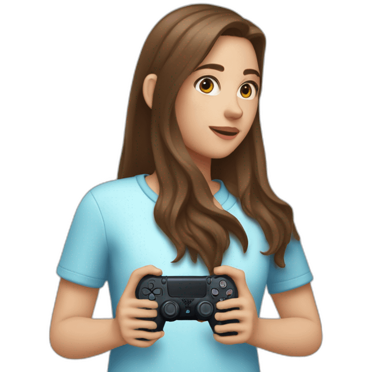 Caucasian Girl with long Brown hair holding the back of a playstation 4 controller looking at a screen emoji