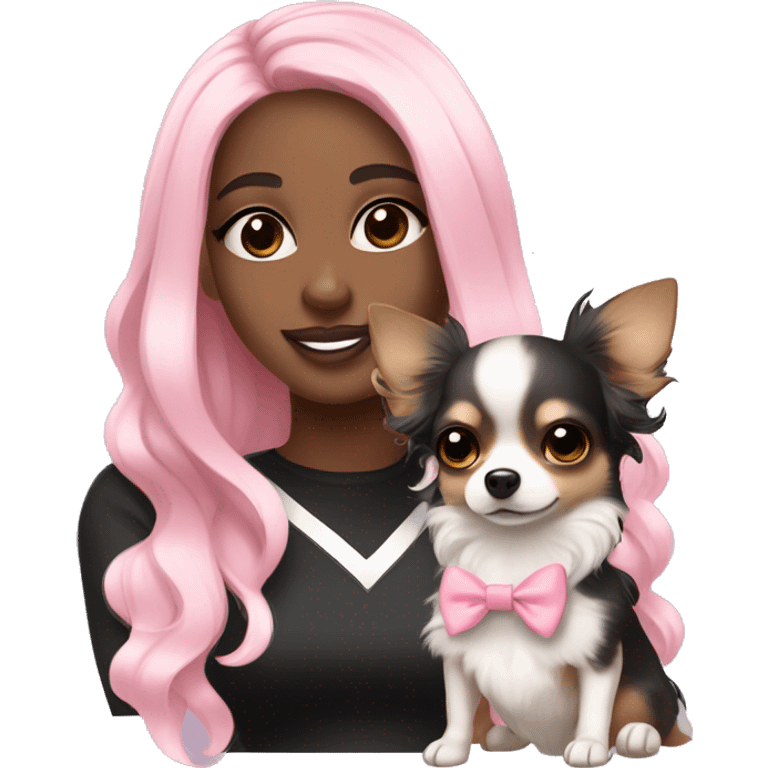 black pretty girl with long black wavy hair with bright brown eyes and wearing a light pink hair bow holding a black and white long haired chihuahua puppy also wearing a hair bow emoji