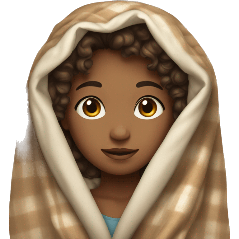 girl with brown curly hair and brown eyes with a blanket draped around her emoji