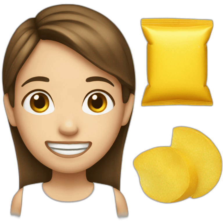 a girl with brown hair with two yellow crisps in place of her 2 front tooth emoji