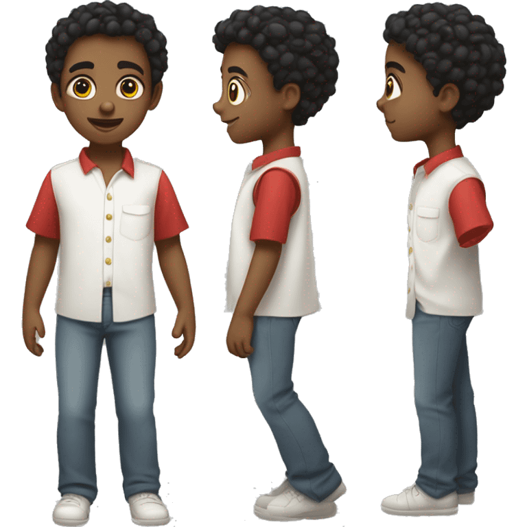 a young child with slightly curly black hair, red, round, but pointed eyes, and a white shirt and trousers emoji