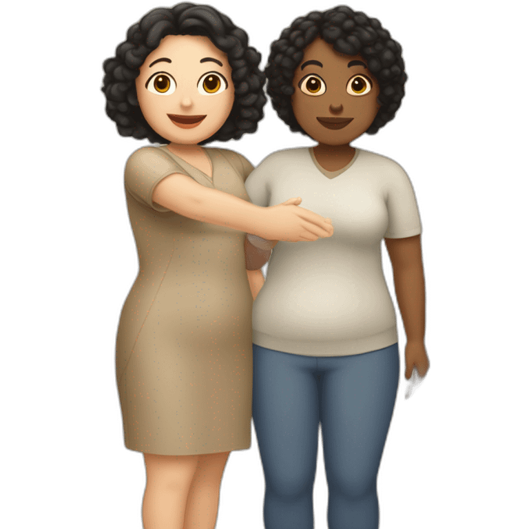 tan chubby woman with black curly hair shakes hands with a chubby pale woman who has straight light brown hair emoji