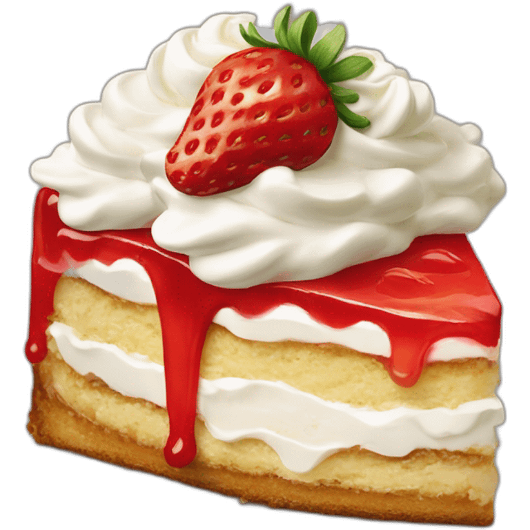 Slice of strawberry shortcake, layered with whipped cream and topped with a whole strawberry emoji