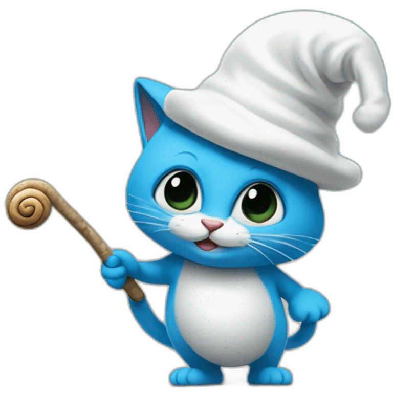 Smurf cat wear a white hat walking on a stick and holding a snail emoji