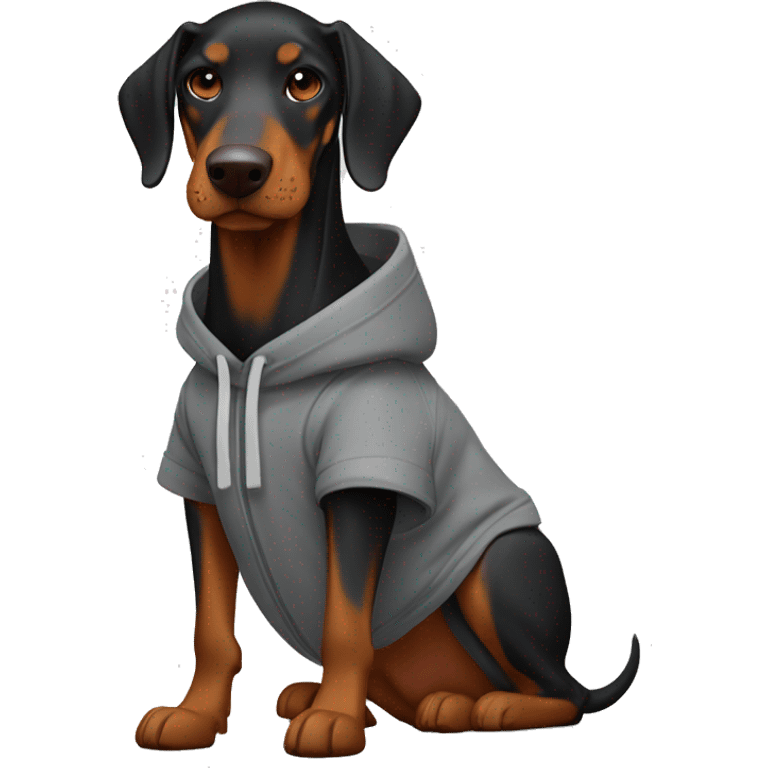 Doberman black with brown tan in a gray hoodie with an orange helmet emoji