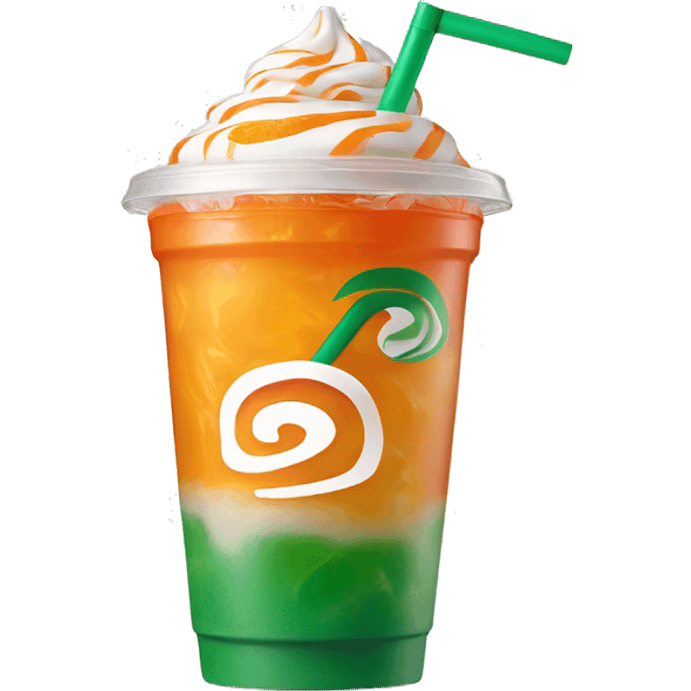 Realistic clear plastic cup with orange plastic Transluscent domed lid with orange and white swirled Frappuccino inside and green straw through the top of the lid. emoji