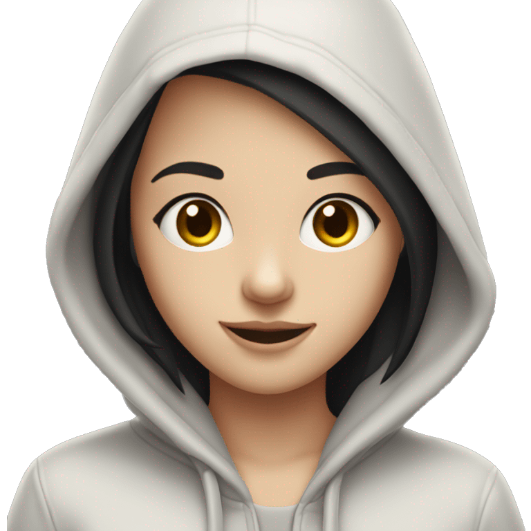 Pale skin black hair girl wearing a hoodie with a smile on face full lips emoji