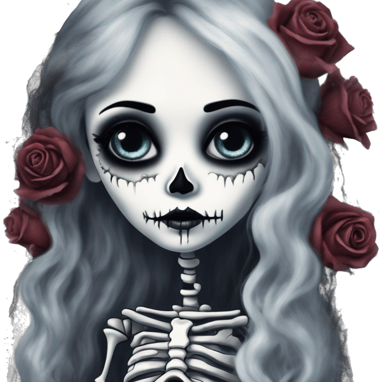 full height skeleton, tim burton "corpse bride", thin porcelain doll with a cracked face, goth makeup watery eyes, long hair, lace and ruffles, lolita style, inked, black and white, red roses, gothic castle with roses emoji