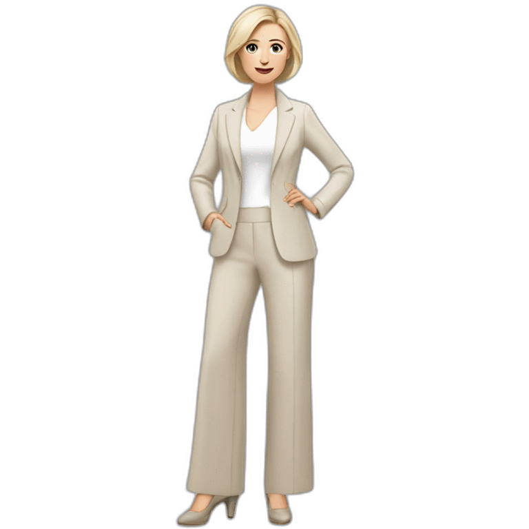 Full height Actively gesturing with hands pale skin woman with ash blonde Straightened bob Hair, White Spacious classical jacket, beige palazzo Arrow pants and gray blouse emoji