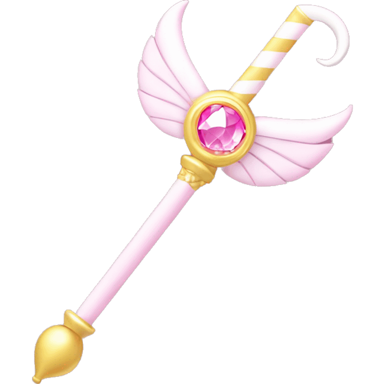 Sailor moon wand. Crescent moon with diamond in the crescent. Pink wand part with little diamonds and small white wing motifs emoji