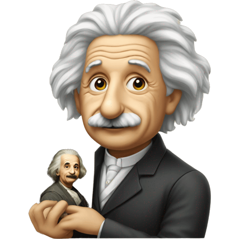 Albert Einstein holding a portrait of the Mona Lisa emoji