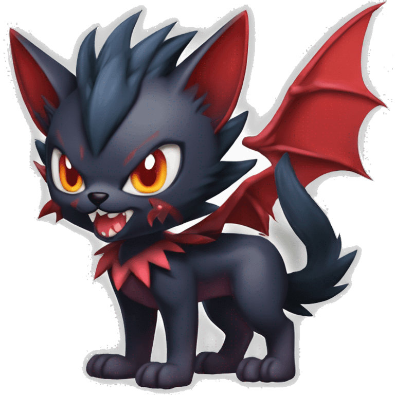   cool edgy beautiful fantasy anime-style dark animal vampiric Litten-Zoroark-Nargacuga-cat-hybrid Fakemon with big fangs and bat-ears full body emoji