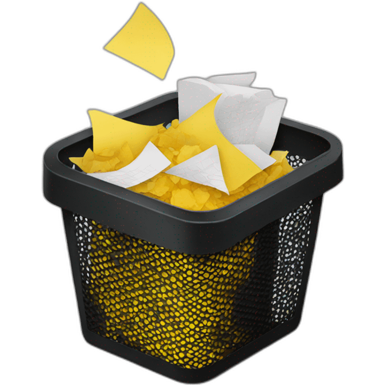 black mesh metal dustbin filled with yellow crumbled papers emoji