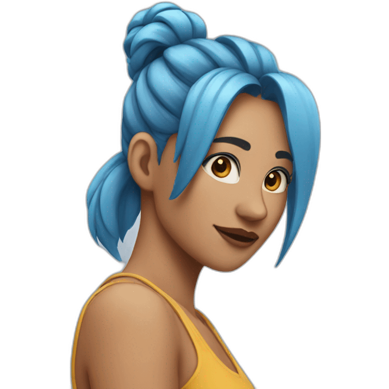 a woman with a ponytail and blue hairs and hoops emoji