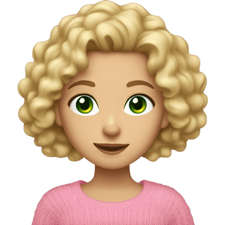 Caucasian brunette girl with curly hair and green eyes and a pink sweater blonde hair  emoji