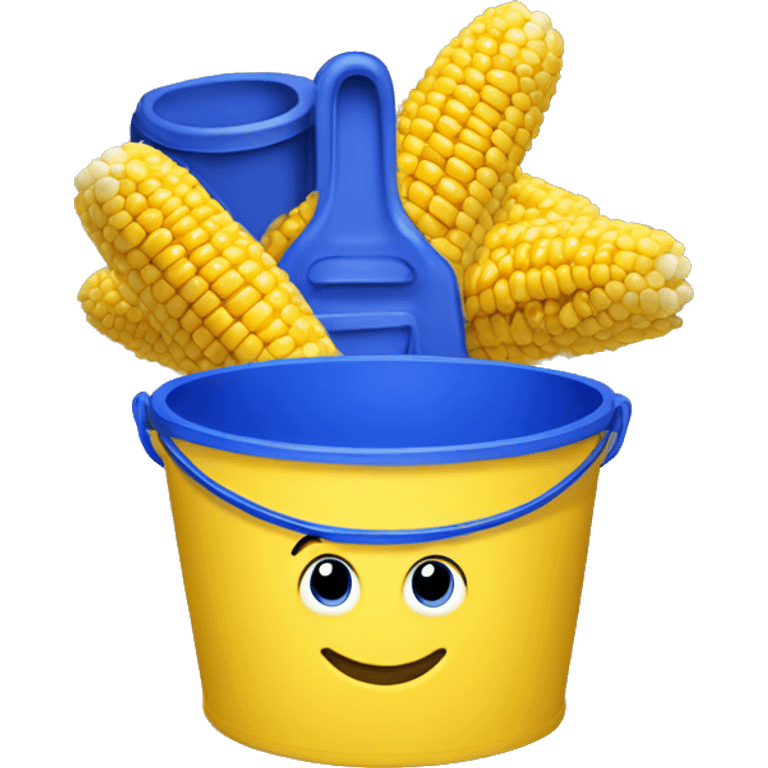 Yellow bucket with royal blue top with the words “corn starch” emoji