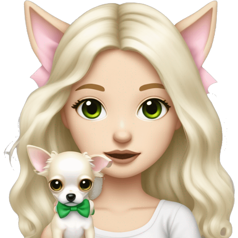 pale blonde girl with long platinum white wavy hair with bright green eyes and wearing a light pink hair bow holding a black and white long haired chihuahua puppy also wearing a hair bow emoji