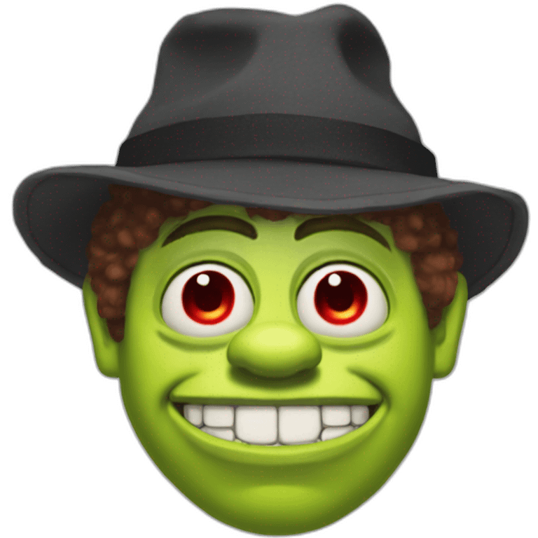 Shrek as rick astley with six eyes and a Red hat emoji